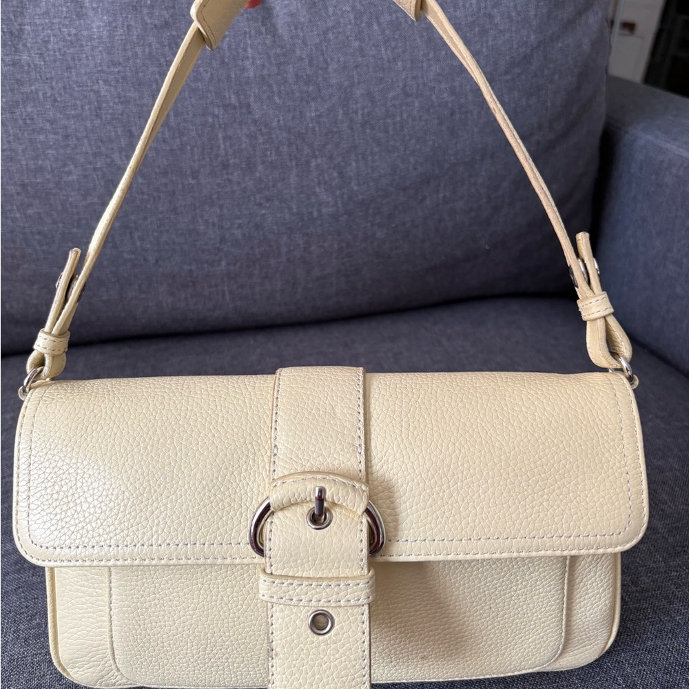 Ann Taylor Cream Pebbled Leather Shoulder Bag with Buckle Strap